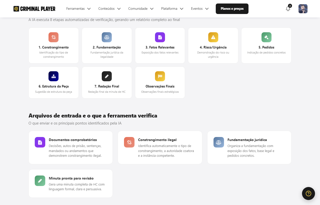 As 8 etapas da ferramenta: constrangimento, fundamentação, fatos relevantes, risco/urgência, pedidos, estrutura da peça, redação final e observações finais