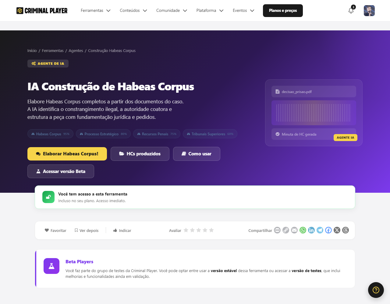 Página da IA Construção de Habeas Corpus, com o botão de acesso e o passo a passo Execute, Anexe os documentos, Receba a minuta