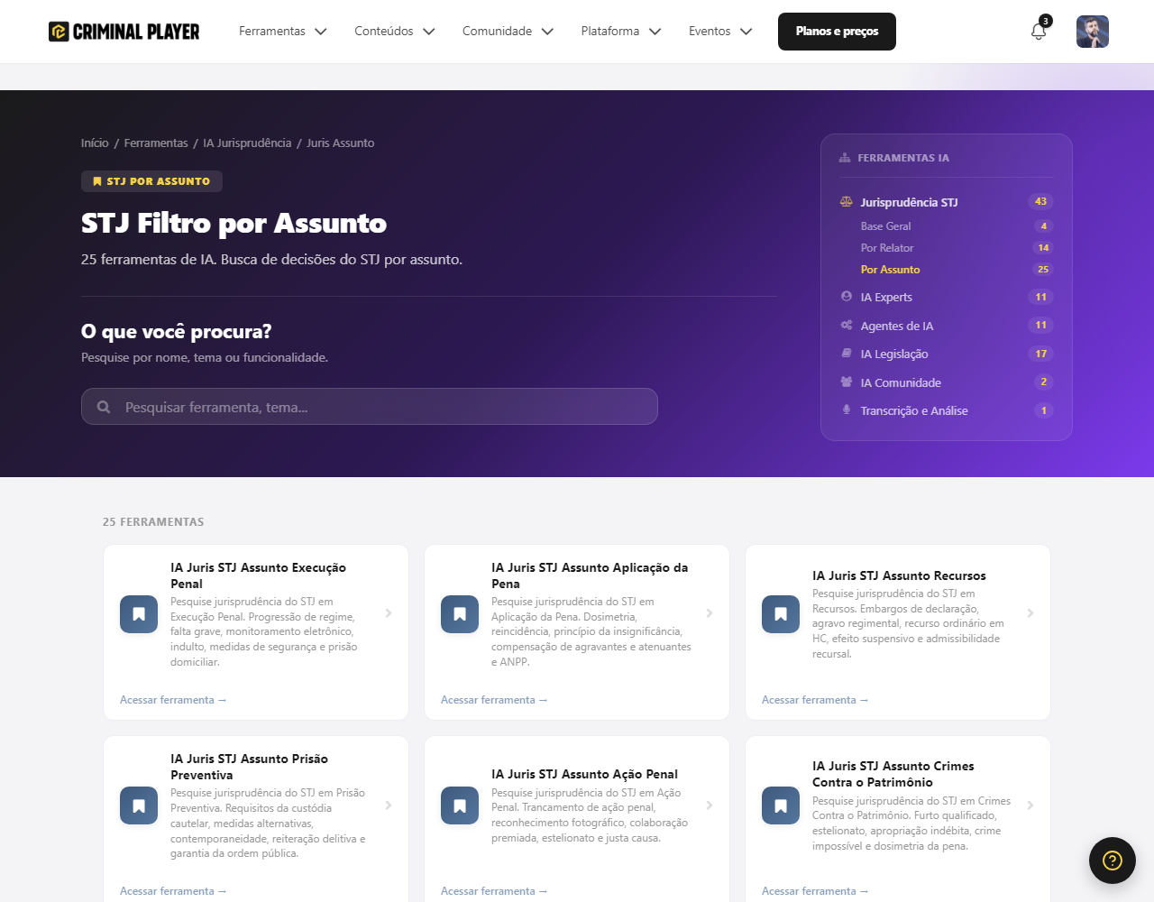 Hub das IAs de Jurisprudência por assunto, com a lista de 25 temas e, na lateral, as três dimensões (geral, relator, assunto)