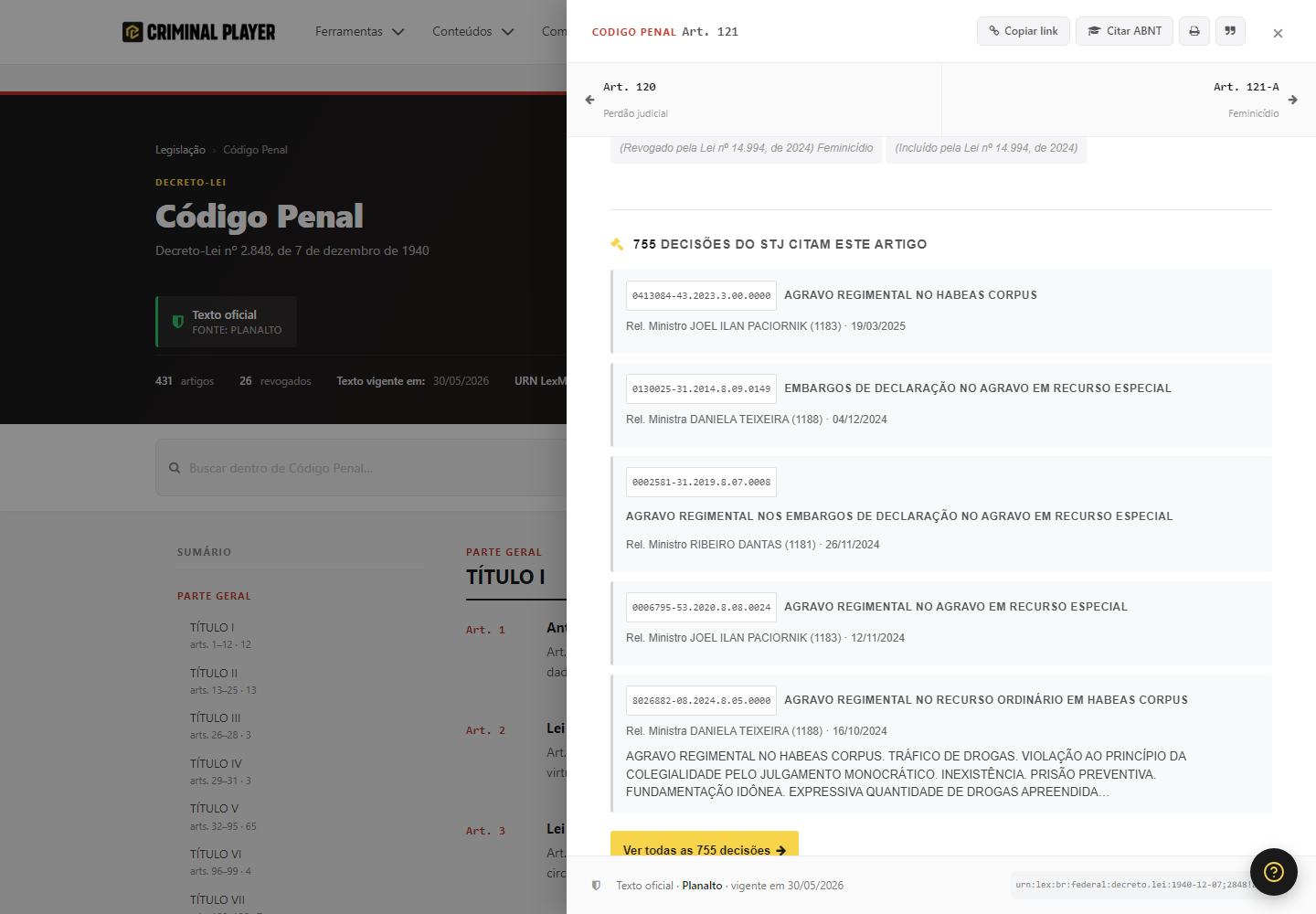 Painel do artigo mostrando as decisões do STJ que o citam