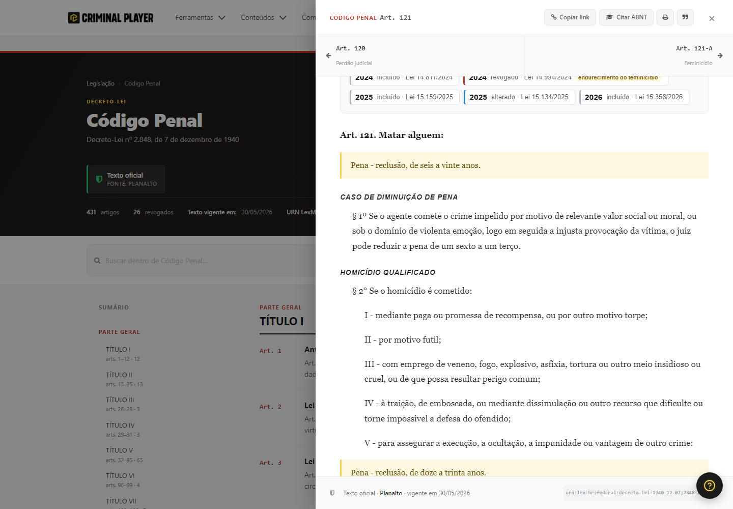 Artigo aberto no painel lateral com o texto integral