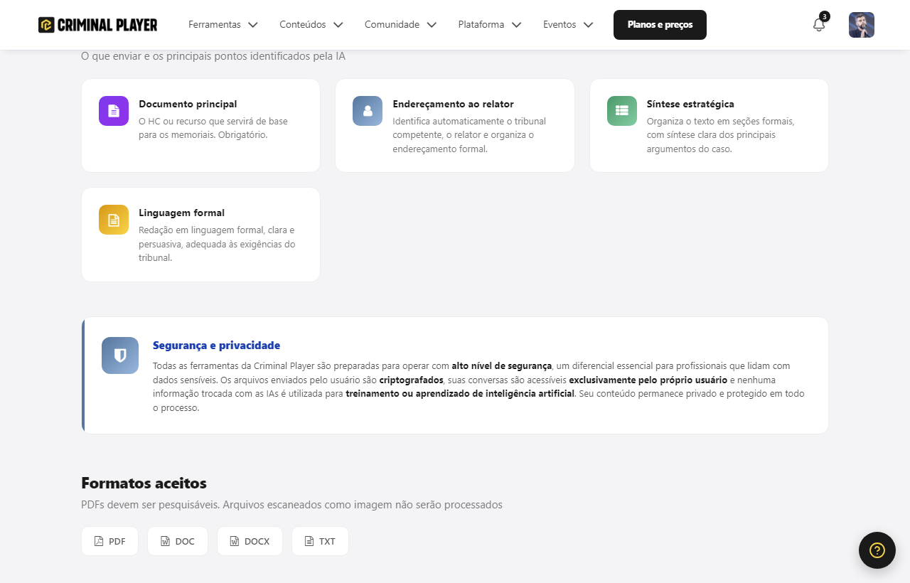 O que enviar e o que a ferramenta faz: documento principal, endereçamento ao relator, síntese estratégica, linguagem formal e formatos aceitos