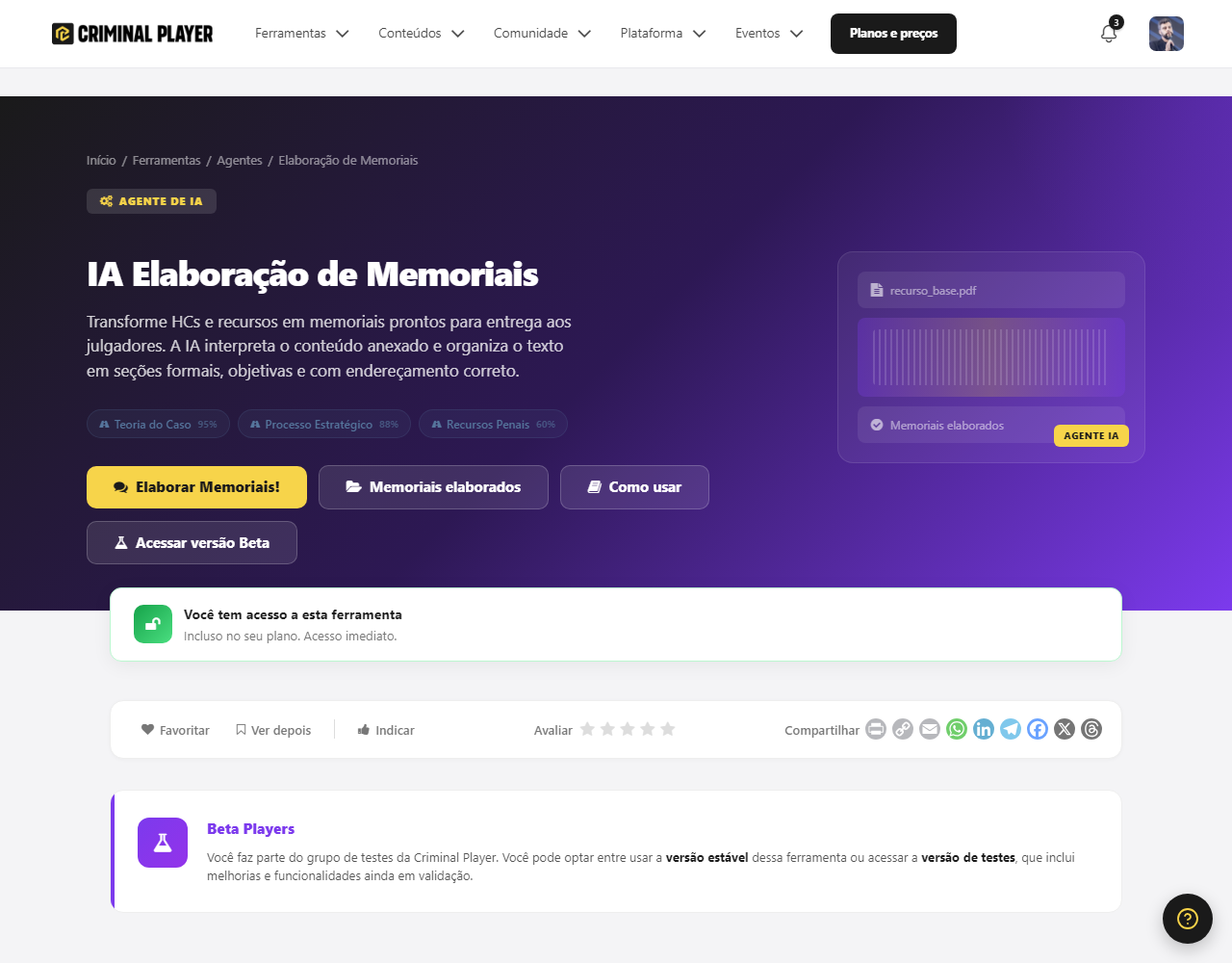 Página da IA Elaboração de Memoriais, com o botão de acesso e o passo a passo Execute, Anexe o recurso, Receba os memoriais