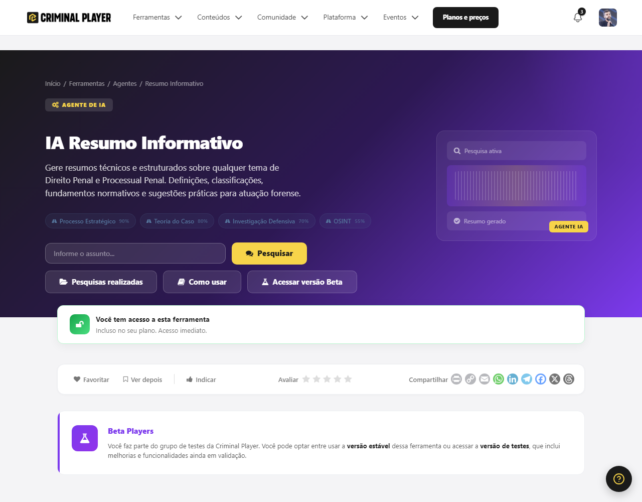 Página da IA Resumo Informativo, com o campo para pesquisar um tema e o passo a passo Execute, Indique o tema, Receba o resumo
