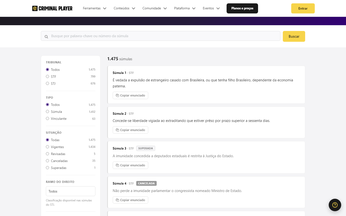 Catálogo de súmulas: busca, filtros por tribunal/tipo/situação e a lista de enunciados