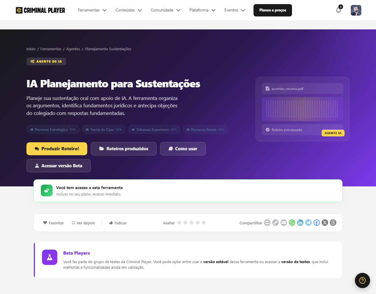 Página da IA Planejamento para Sustentações, com o botão de acesso e o passo a passo Execute, Anexe o recurso, Receba o roteiro