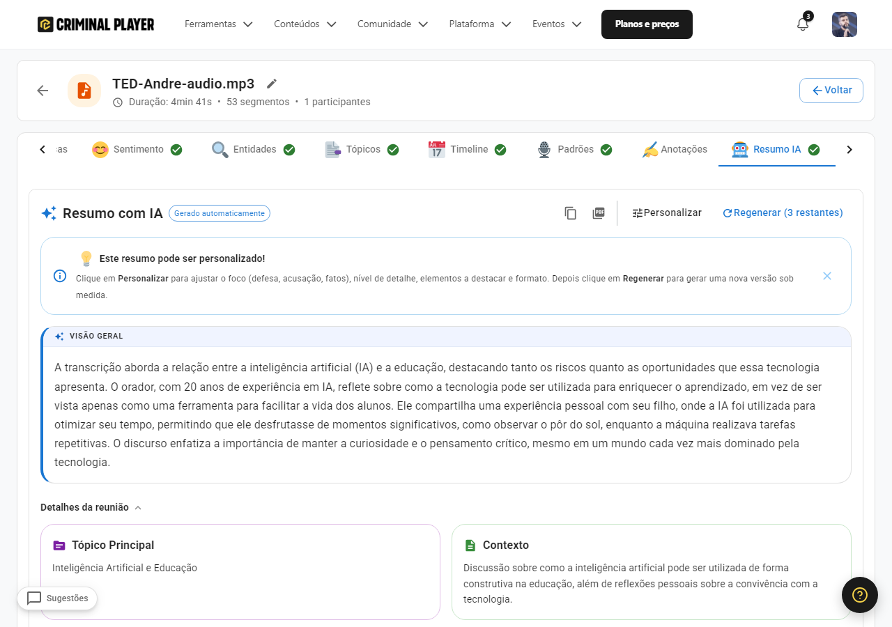 Aba Resumo IA: visão geral gerada automaticamente, com botões Personalizar e Regenerar, tópico principal e contexto