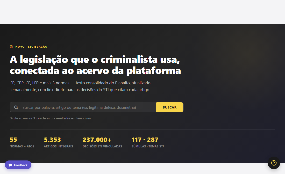 Hub da Legislação: busca global + catálogo das 55 normas e atos.