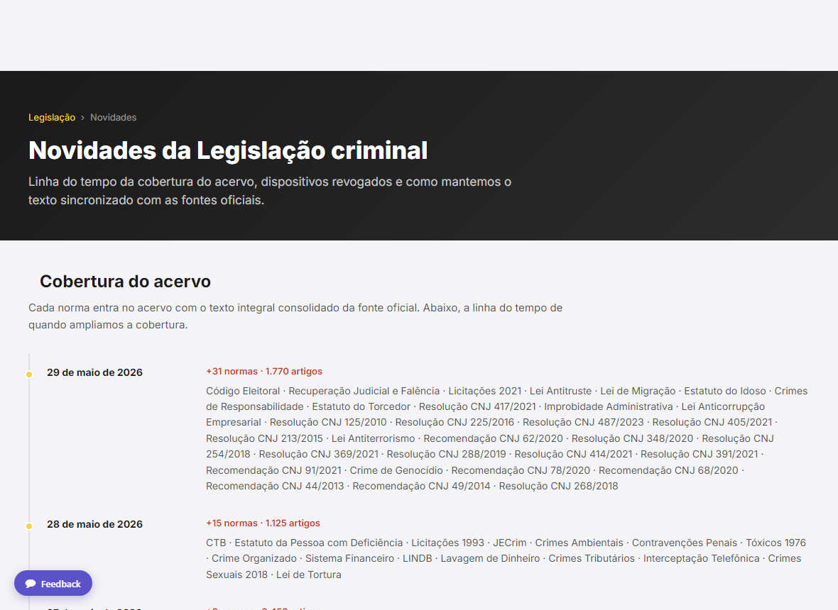 Novidades do acervo: linha do tempo de cobertura e dispositivos revogados.
