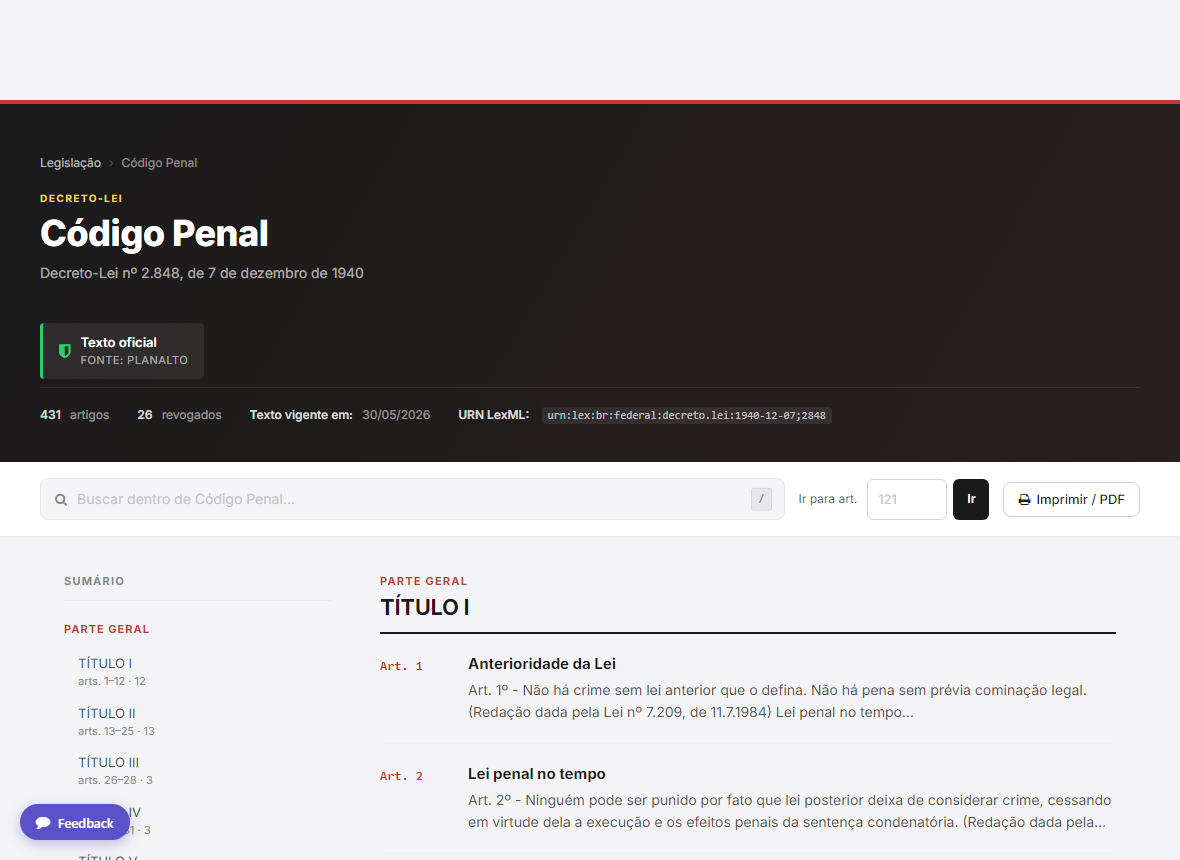 Página do Código Penal: selo de fonte oficial, sumário navegável e cards de artigo.