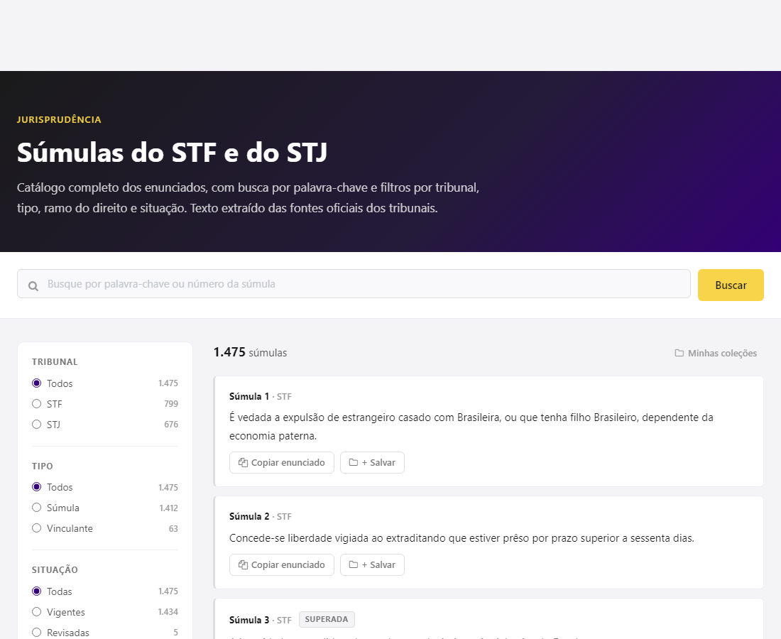 Catálogo de súmulas: busca, filtros e a marcação de superada/vigente em cada enunciado.