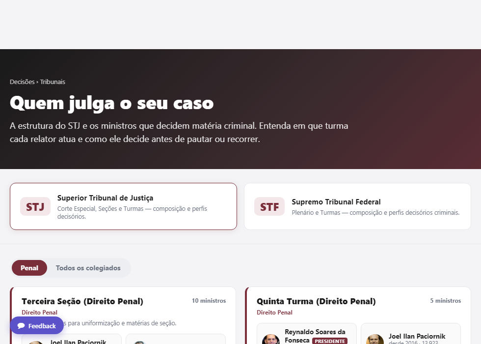 Organograma do STJ penal: Quinta e Sexta Turmas e a Terceira Seção, cada ministro clicável.