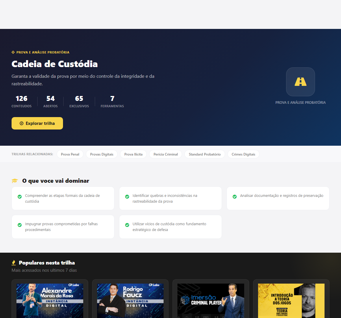 A trilha Cadeia de Custódia: quebra por formato, competências vizinhas e o que dominar no tema.