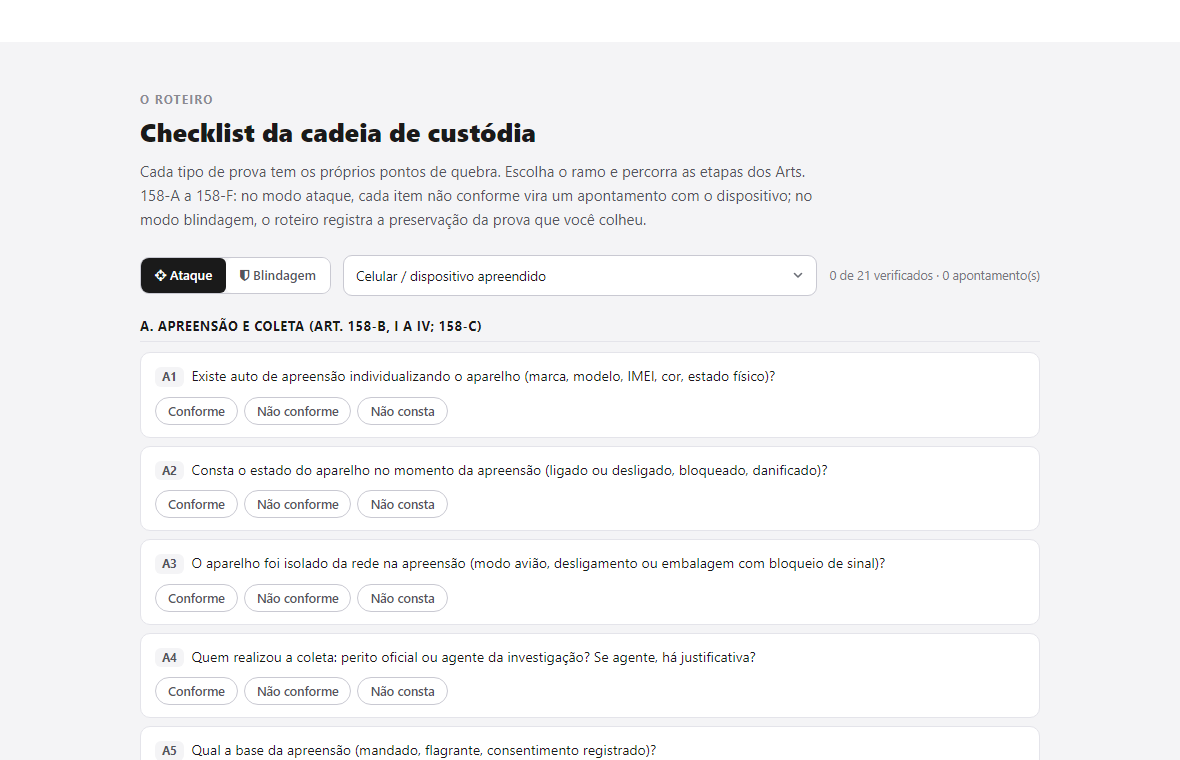 o checklist muda conforme o tipo de prova; no modo ataque, cada item não conforme vira apontamento com o dispositivo