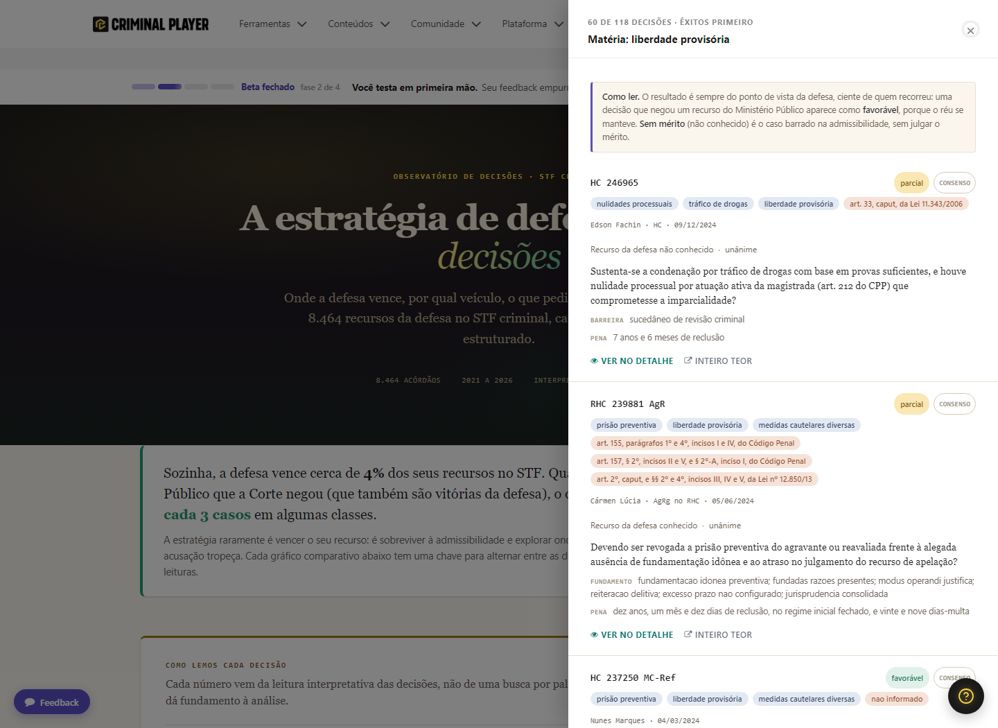 Observatório: drawer de drill com decisões reais, recurso do MP negado marcado como favorável.