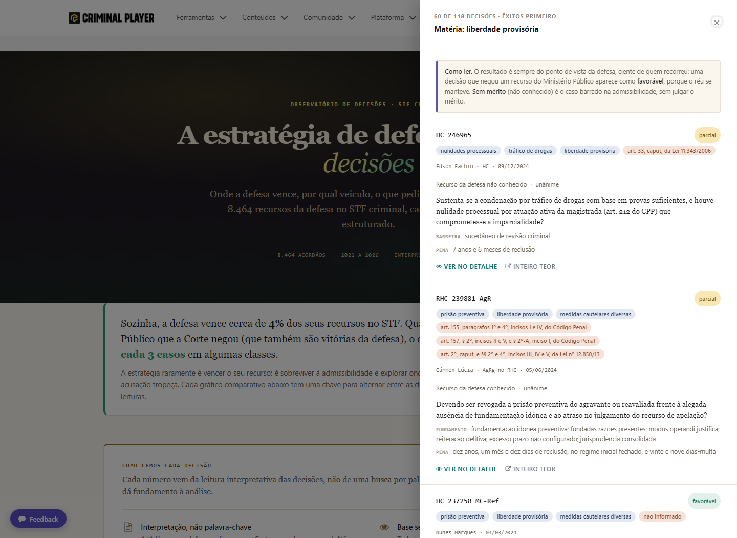 o lastro: clicar em qualquer número abre as decisões que formaram aquele recorte