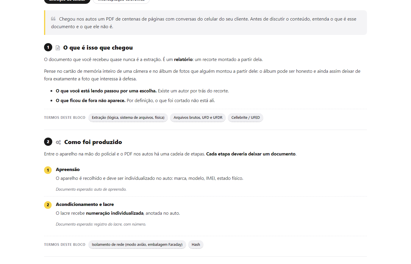 a fonte 1 do guia: a cena de entrada, o bloco 1 (relatório não é extração) e as etapas da produção, com os termos de cada bloco abrindo no glossário