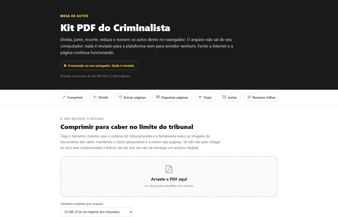 a bancada do Kit: as sete operações no topo e a compressão para o limite do tribunal, com o alvo de 10 MB do PJe já sugerido