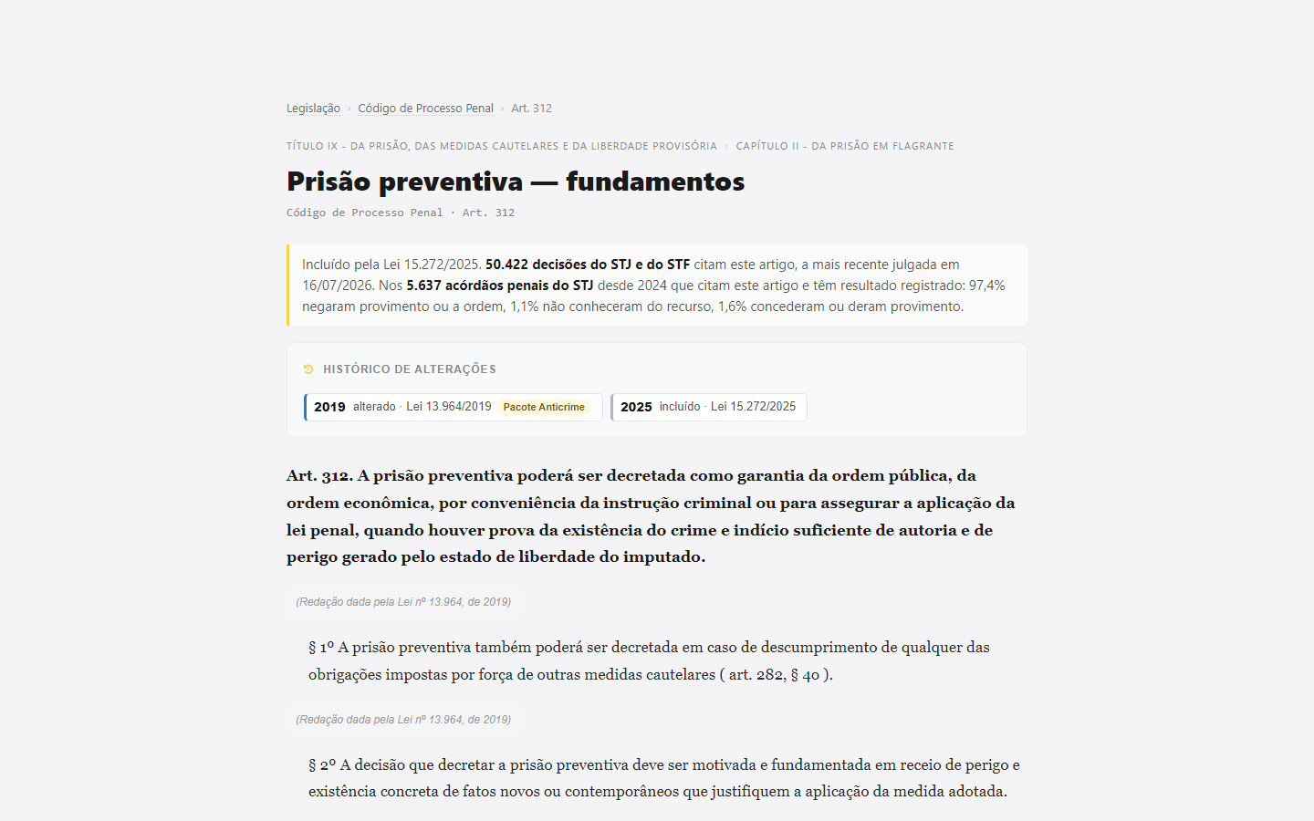 a página do art. 312 do CPP: o contador de decisões que o citam, o histórico de alterações e, no bloco do topo, o desfecho dos acórdãos penais que o invocam