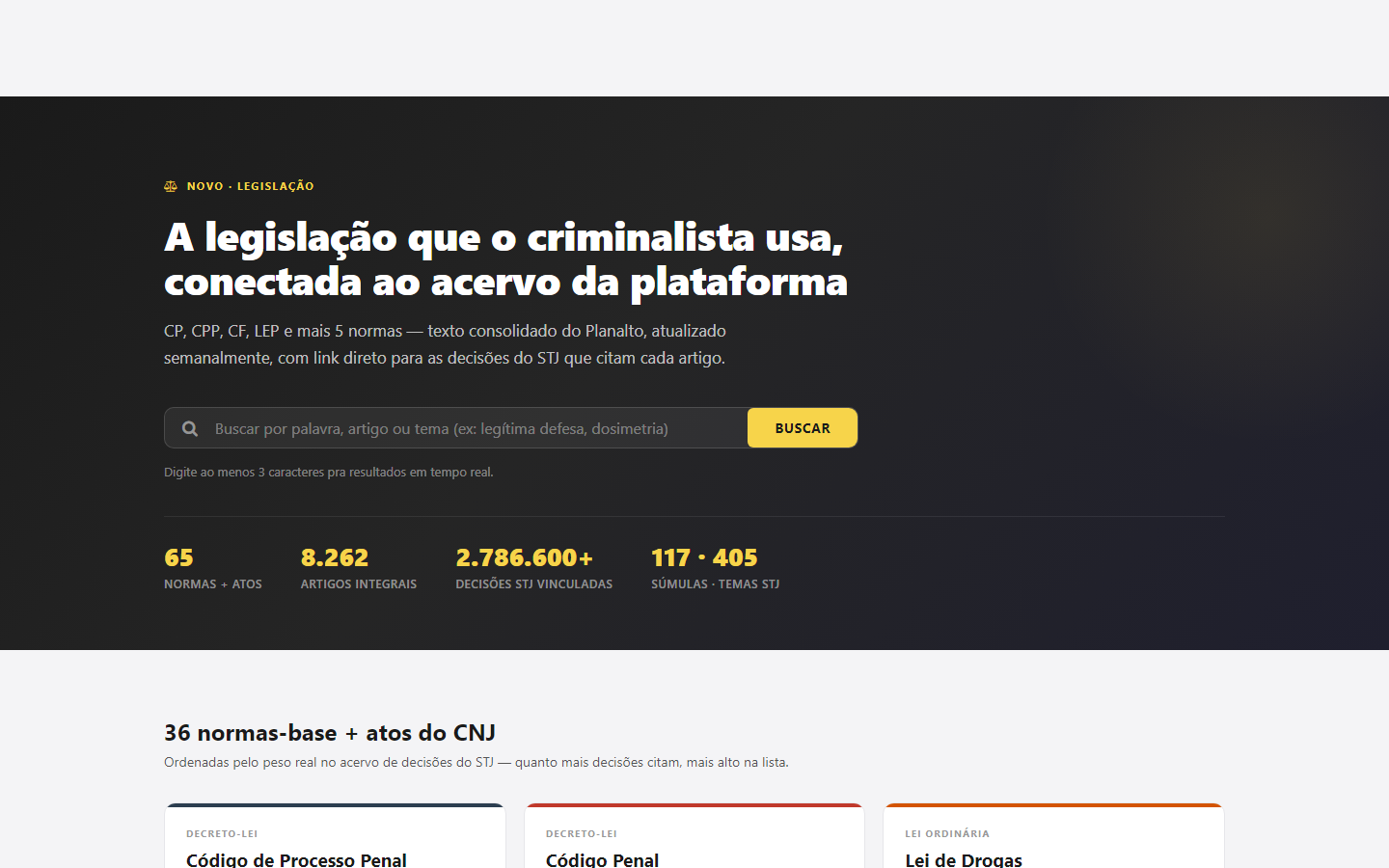o hub, com a busca global e os números do acervo: normas e atos, artigos integrais, decisões vinculadas e o cruzamento com súmulas e temas