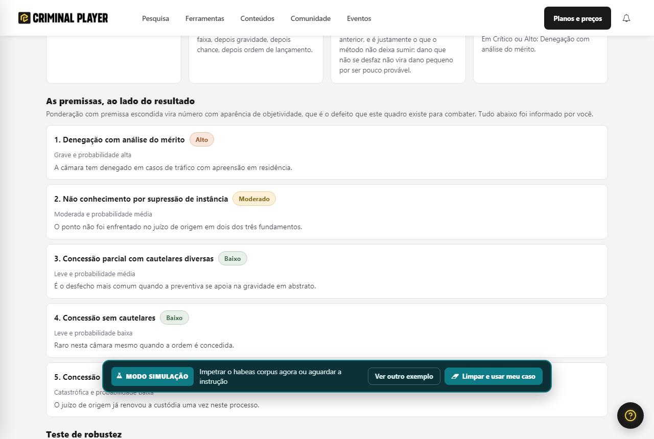 Bloco com cada cenário, as duas escalas por extenso, a faixa de risco e a premissa registrada