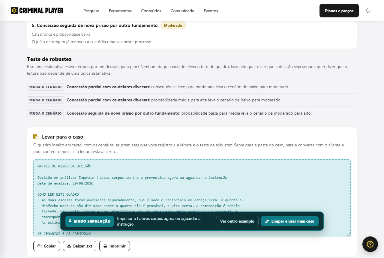 Bloco do teste de robustez e o relatório em texto pronto para copiar, baixar ou imprimir