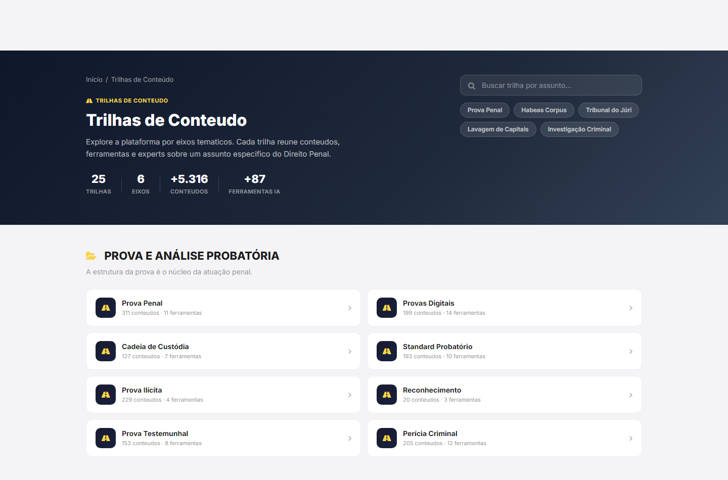 o hub das Trilhas, com os seis eixos, as competências de cada um e o tamanho do acervo por trás