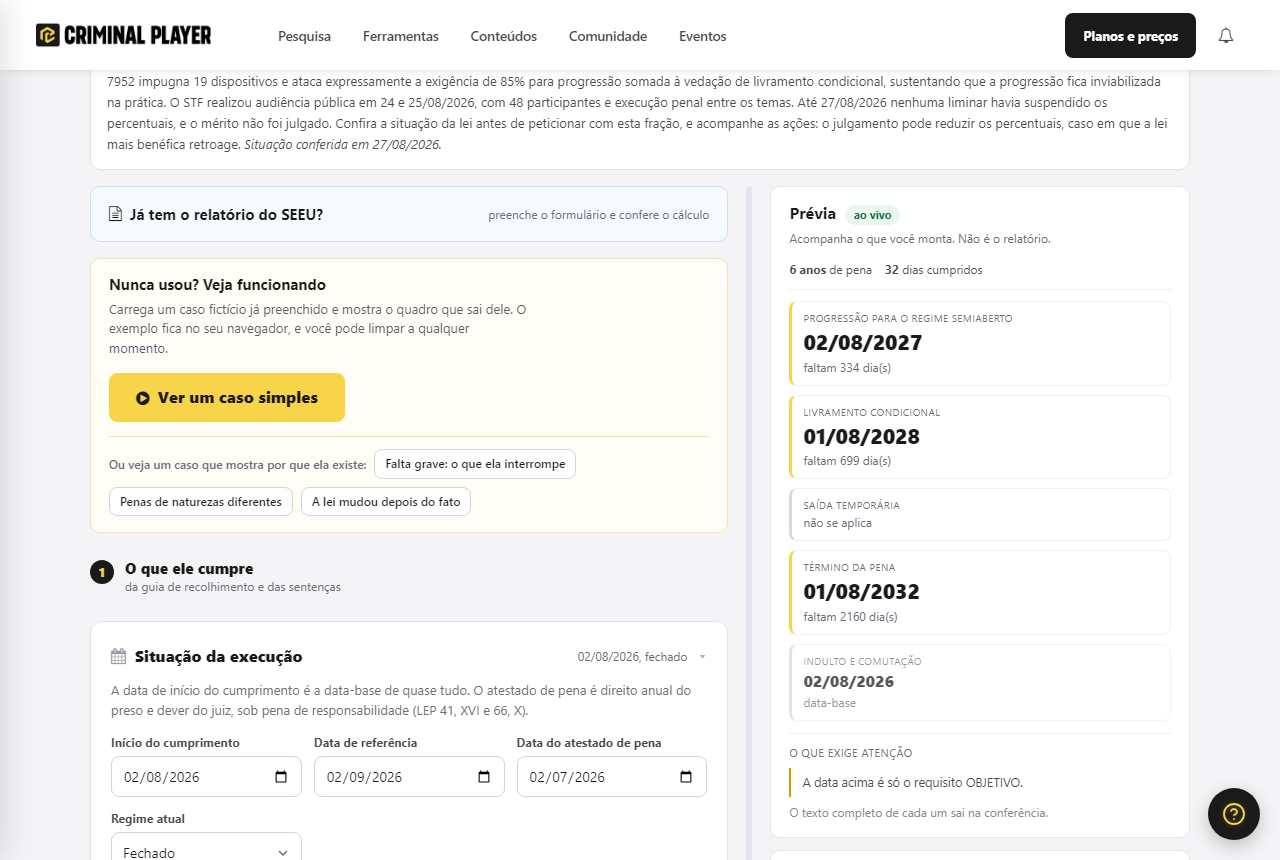 Formulario da calculadora preenchido pelo exemplo, com inicio do cumprimento, data de referencia, regime e a condenacao