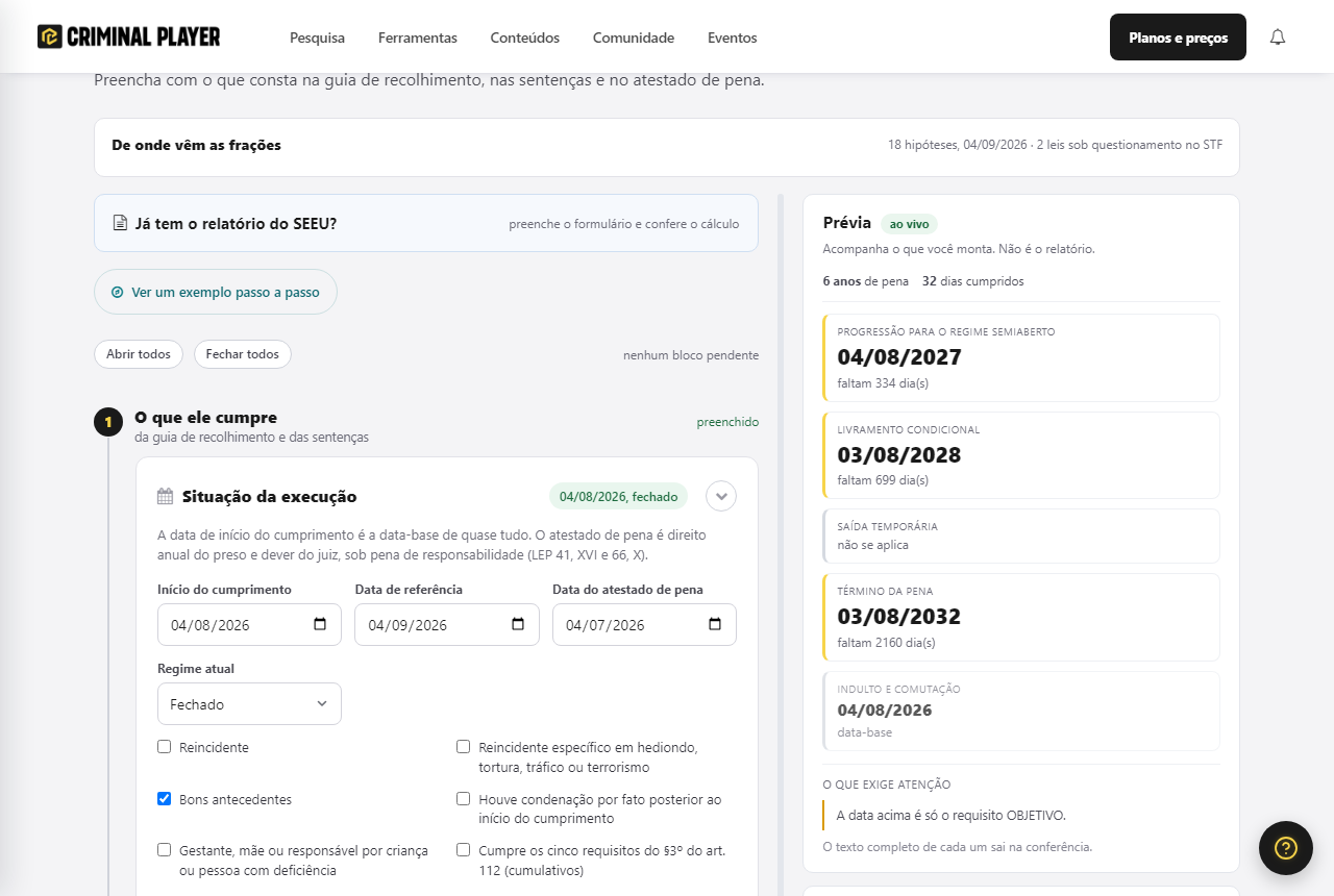 Formulario da calculadora com a oferta de simulacao acima, o caso de exemplo preenchido (inicio do cumprimento, data de referencia, regime) e a previa ao lado
