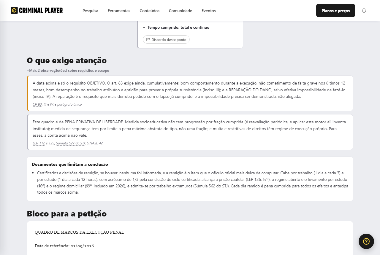 Bloco O que exige atencao, com os requisitos subjetivos do art. 83 e o alerta de escopo da pena privativa de liberdade