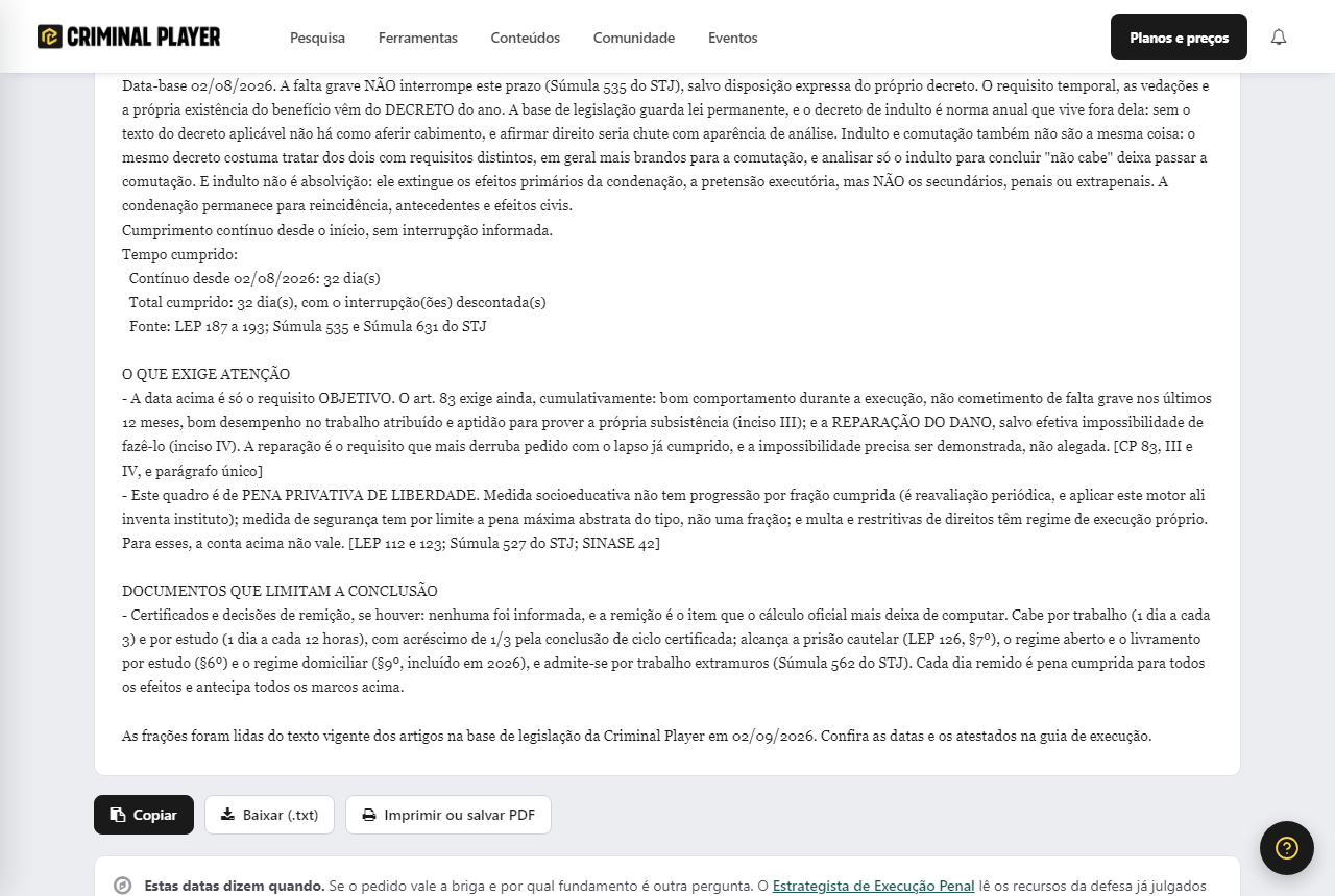 Bloco para a peticao com identificacao, base do calculo e a memoria de cada marco, e os botoes de copiar, baixar e imprimir
