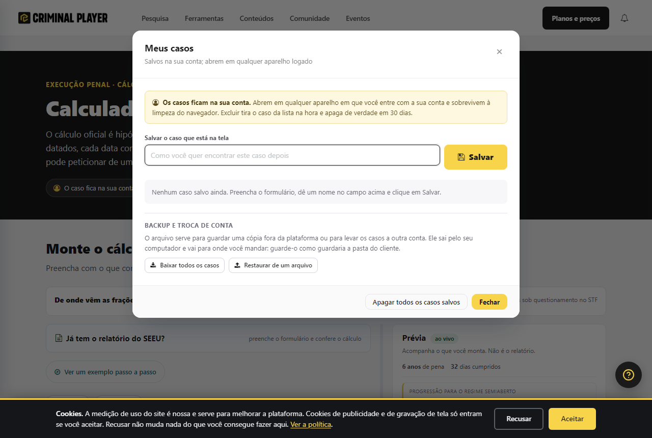 Modal Meus casos, com o aviso de que os casos ficam na conta, o campo para nomear o caso e a secao de backup e troca de conta