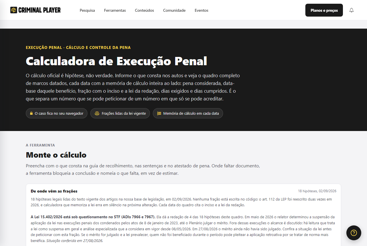 Tabela comparando as datas do juízo com as da ferramenta: progressão confere, livramento 1 dia antes e término 5 dias depois, com o aviso de que o relatório não traz a natureza do crime