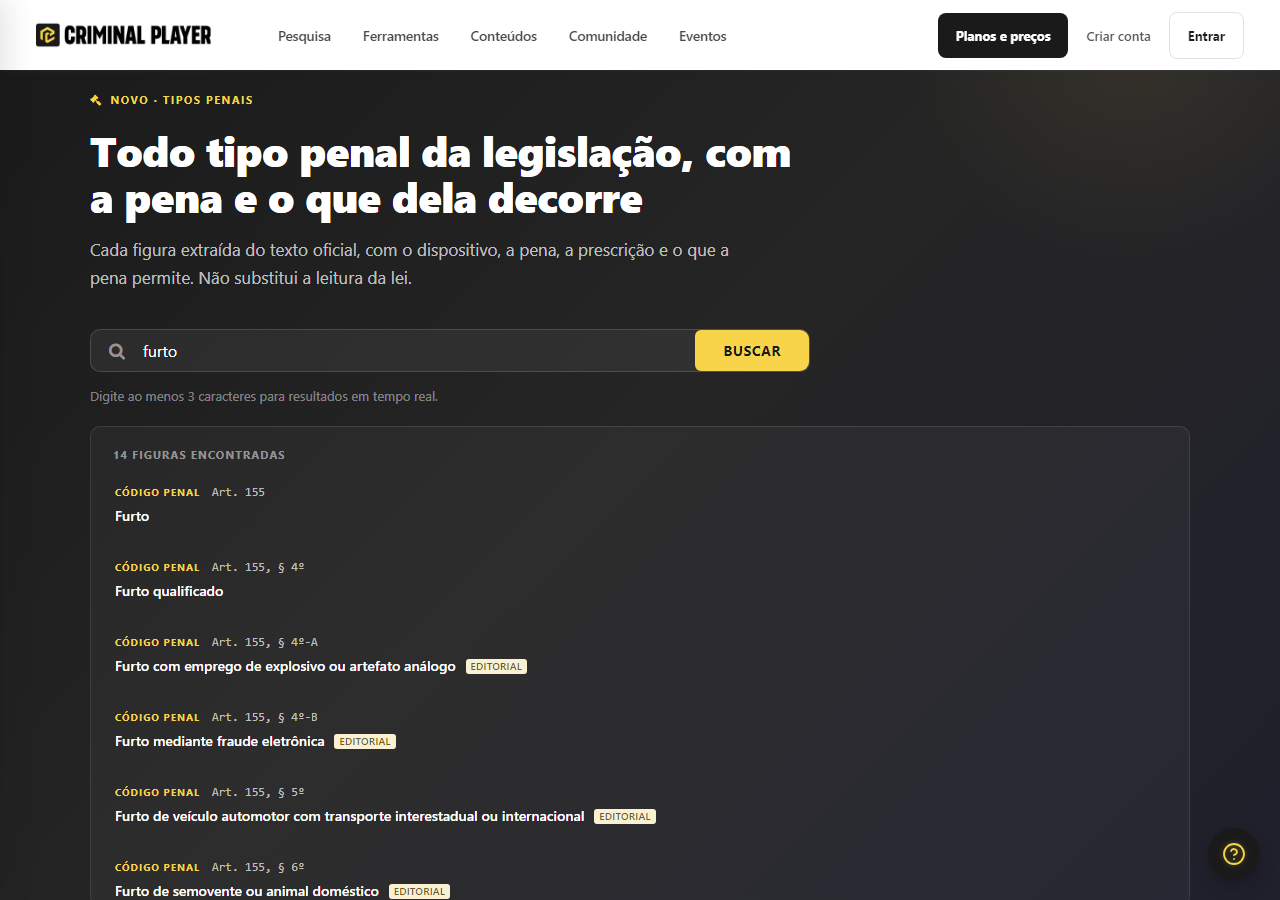 Página Tipos penais com a palavra furto na busca e as figuras encontradas, cada uma com a norma, o dispositivo e o nome