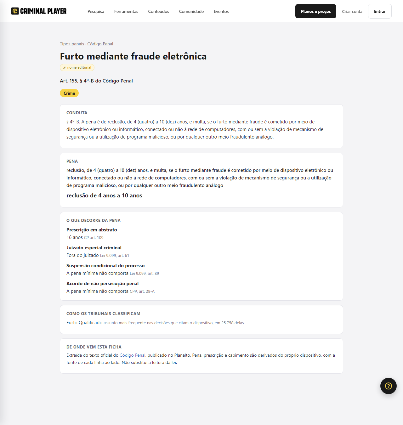 Ficha do furto mediante fraude eletrônica, com o selo nome editorial, o dispositivo, a conduta, a pena e o bloco O que decorre da pena com a fonte de cada linha