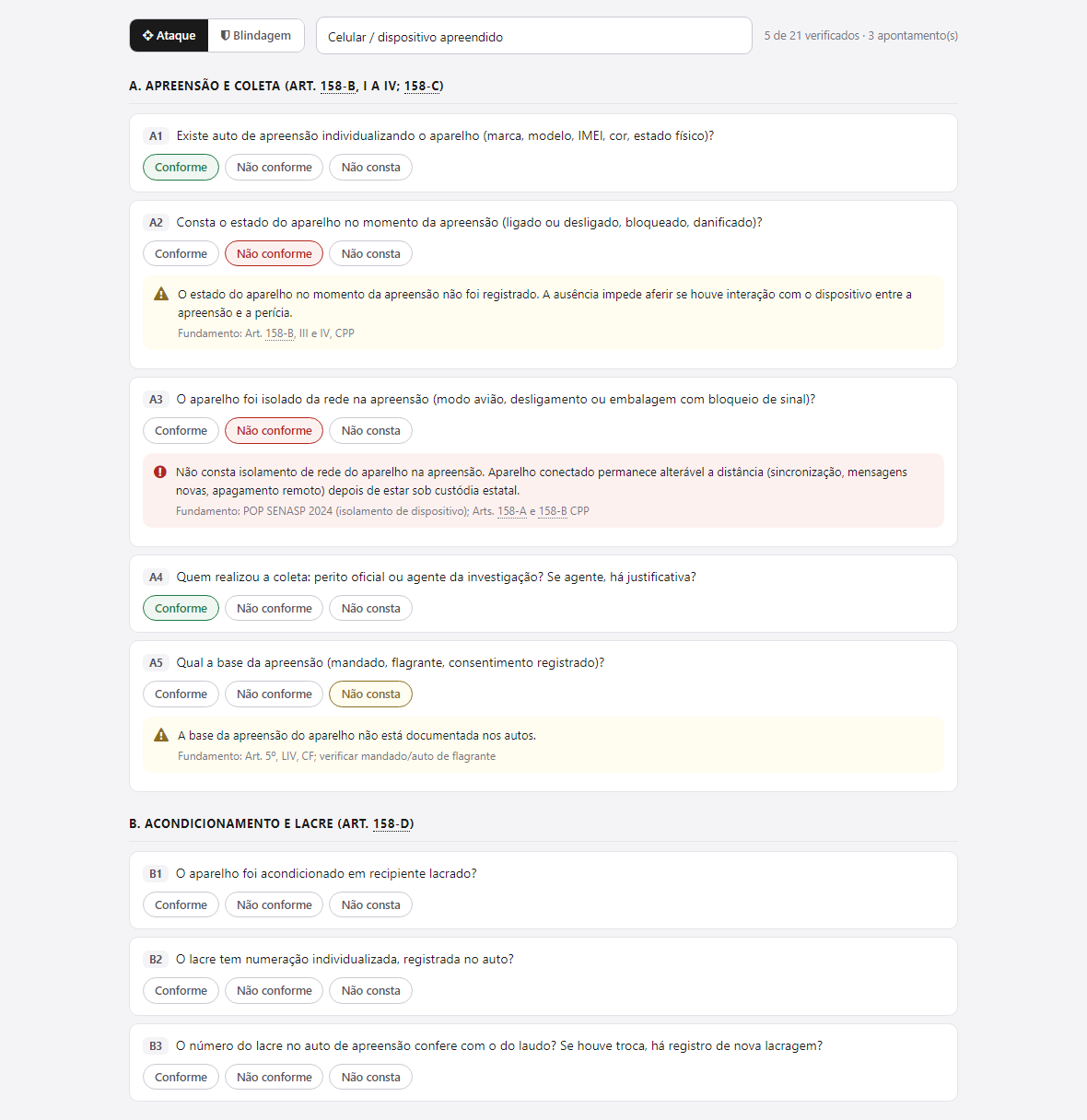 Checklist da cadeia de custódia no modo ataque: as etapas da lei com as respostas, e os apontamentos gerados, cada um com o artigo do CPP correspondente