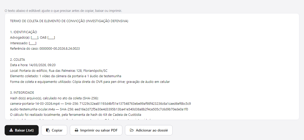 Termo de coleta defensiva preenchido, com os dados do advogado, a descrição da diligência, o arquivo e o código, e o rodapé com a fundamentação no Provimento 188/2018 da OAB