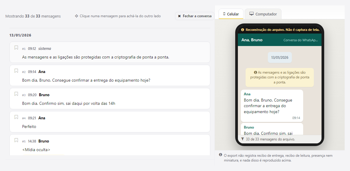 Cronologia numerada à esquerda, com data, hora e quem escreveu, e à direita a reconstituição da conversa com o aviso de que é reconstrução do arquivo e não captura de tela