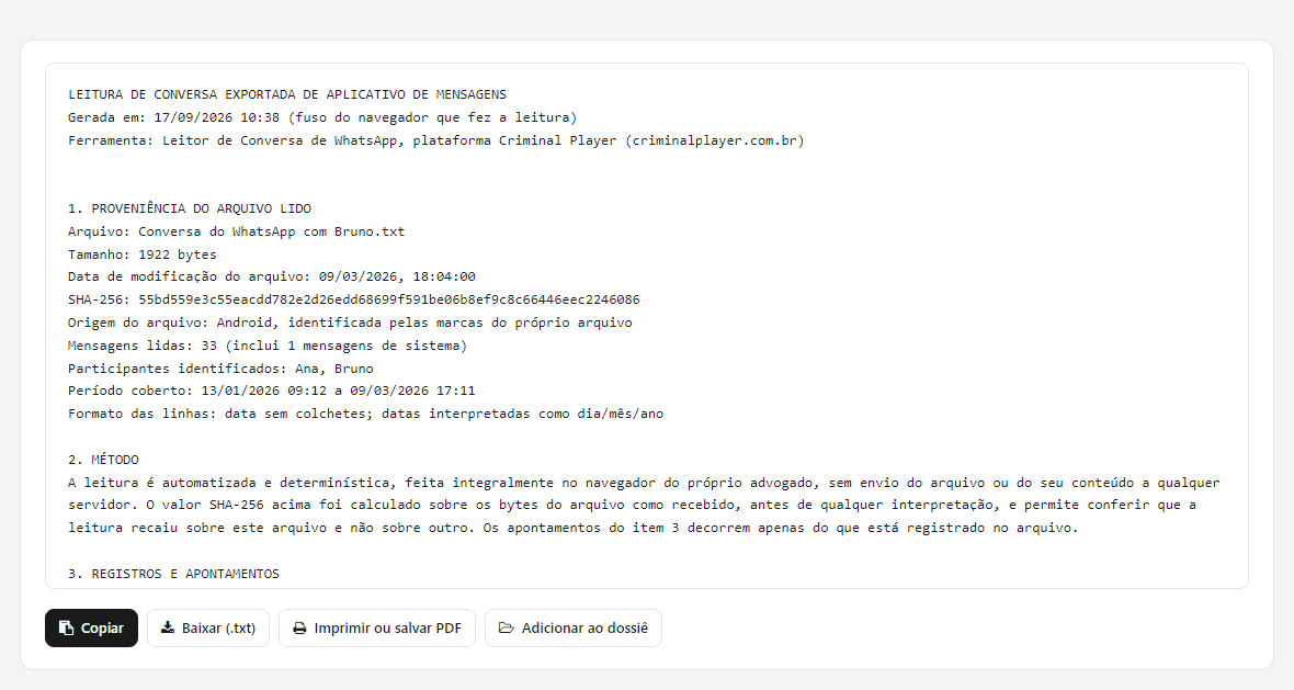 Bloco para a petição: cabeçalho com a data da leitura e a ferramenta, a procedência do arquivo lido, o método declarando que a leitura foi feita no navegador sem envio, e o começo dos apontamentos